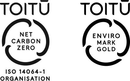 ISO Toitū Net Carbon Zero certified organisation logo with circular arrows and ISO 14064-1 standard text beneath.