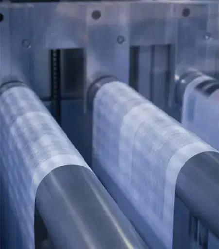 Services-Brand Close-up of large printing rollers with glossy sheets passing through in a high-tech commercial printing machine environment.